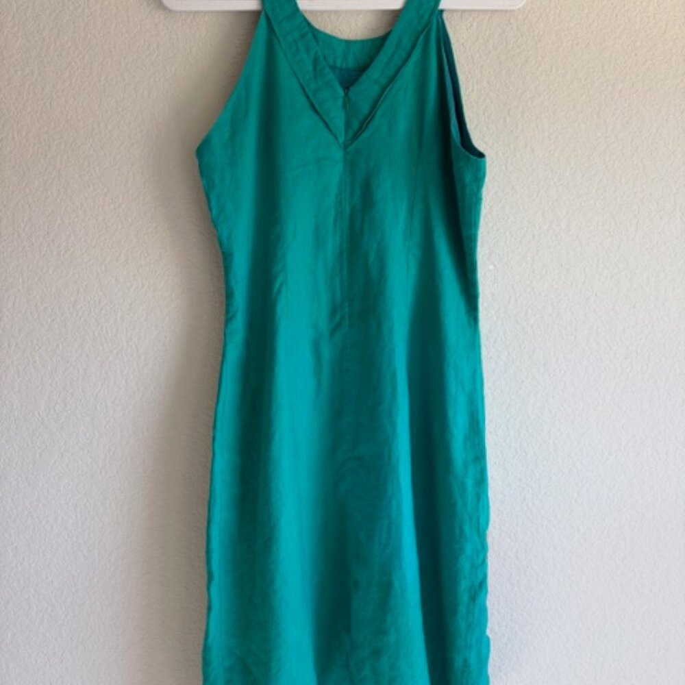 Salma 100% Linen Floral Embroidery Green A-line Dress Size Medium Classic Resort - Picture 3 of 9